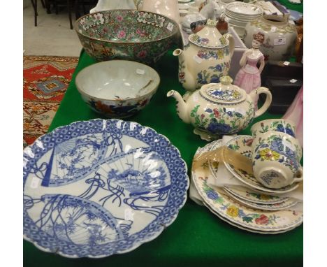 A 20th Century Chinese famille rose punch bowl, an Imari fruit bowl, blue and white scallop shaped dish, Mason's Regency patt