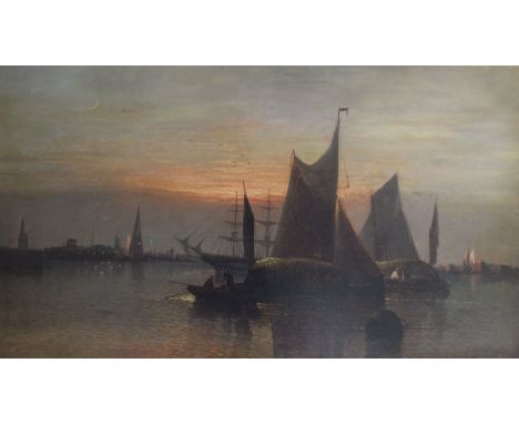 WILLIAM ANSLOW THORNLEY "Fishing Boats at Sunset with Town in Background", oil on canvas, signed lower right CONDITION REPORT