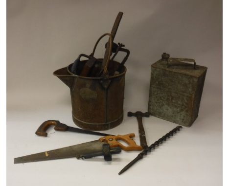 An iron bucket bearing brass plaque for R A Lister &amp; Co. Dairy Engineer, Dursley, containing various woodworking and othe