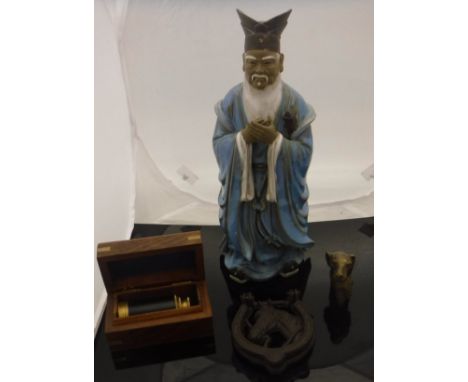 A glazed pottery figure of a Chinese elder, a small reproduction telescope, horse head door knocker and brass cane handle as 