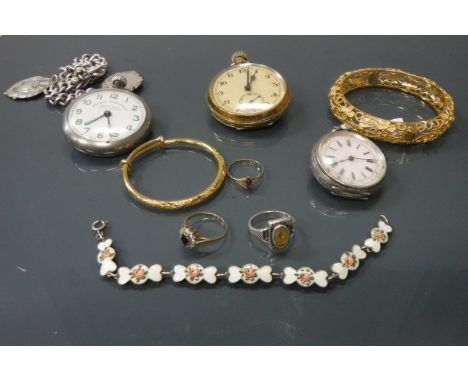 A collection of various watches, enamelled bracelet, rings, etc, together with a pair of digital scales, watchmaker's magnify