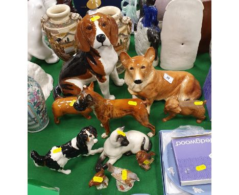 A collection of Beswick figures to include "Seated Beagle" 2300, "Corgi", "Boxer", "King Charles Spaniel", "Terrier Puppy", "