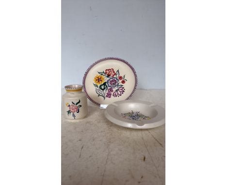 Poole Pottery floral set from the 1950s. Hand-painted plate, vase, and dish, marked ‘Poole England’.