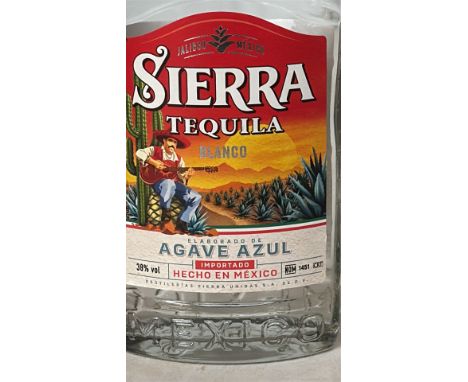 Set of fiveSierra Tequila Blanco bottles, 700ml each, made in Mexico from blue agave, featuring distinctive red sombrero caps
