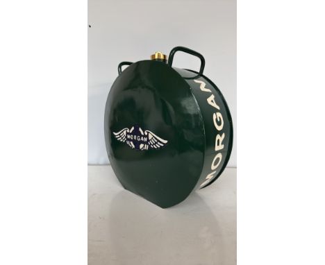 Vintage-style Morgan fuel canister, metal construction with British racing green finish. Features embossed Morgan Motor Compa