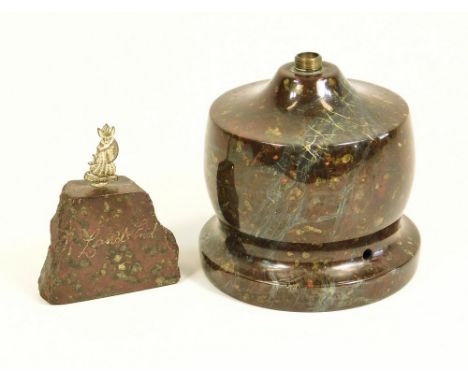 CORNISH SERPENTINE. A red Cornish Serpentine lamp base, 10.5cm &amp; a red serpentine Land's End souvenir.