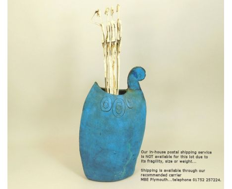 CERAMIC SCULPTURE. A large ceramic vessel mounted with six elongated metal &amp; plaster figures. Artist's monogram near base