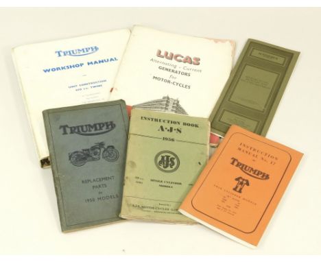 MOTORCYCLE MANUALS.A Triumph Workshop manual, a Triumph Motorcycles 1950 parts manual, two other motorcycling manuals etc.