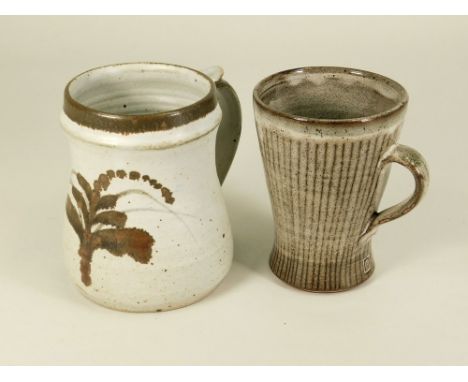 DAVID LEACH LOWERDOWN POTTERY.A David Leach red earthenware mg with personal mark & a Lowerdown stoneware mug with Pottery ma