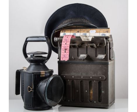 Bus conductor's ticket machine, another, cased with tickets, a leather pouch, BR cap, another cap, ticket clip and railway la