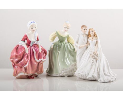 Four Royal Doulton and one Royal Worcester figures, Goody Two Shoes HN 2037, Lavina HN 1955, Fair Maiden HN 2211, Lets Play H