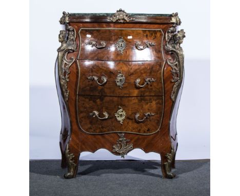 French Transitional style kingwood and marquetry bombe-shaped commode, with a serpentine marble top, gilt metal appliques, fi