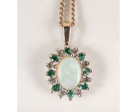 An opal, emerald and diamond pendant, the oval cabochon cut opal surrounded by alternating emeralds and diamonds, eight of ea