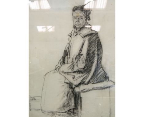 Follower of Phil May, portrait of a lady seated, charcoal drawing, 61cm x 47cm.