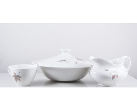 Royal Doulton bone china table service, Tumbling Leaves pattern including tureens, meat plate, sauce boat, dinner plates, des