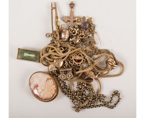 Collection of 9ct gold jewellery, tassel necklace (broken), charm bracelet, cross, cameo brooch, pendant, chain, brooch, gros