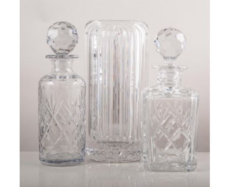 Lead crystal ship's decanter, two other decanters, other glassware, etc.
