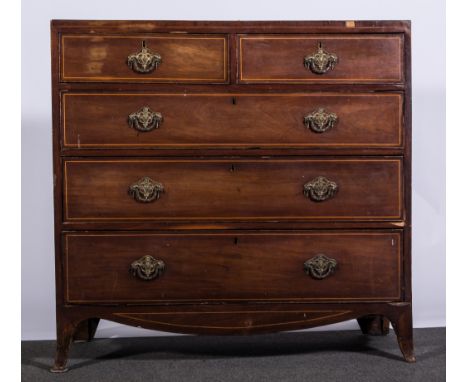 Late Georgian mahogany chest of drawers, with boxwood stringing, fitted with two short and three long drawers, splayed bracke