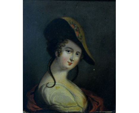 19th Century Dutch School, portrait studies of a lady and gentleman, lady wearing a broad rimmed hat, gentleman in a red coat