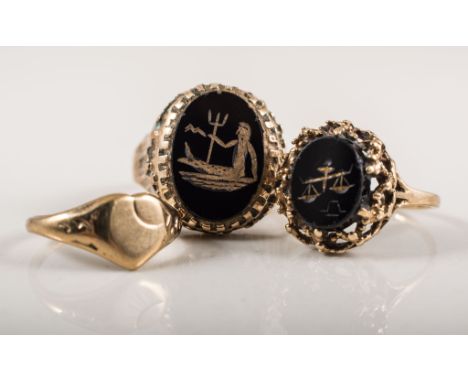 Three 9 carat yellow gold dress rings, an oval intaglio black onyx depicting Neptune, a smaller black onyx with scales, a sma