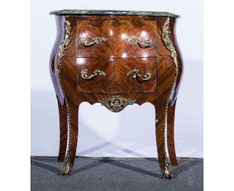 Louis XV style kingwood bombe-shaped petit commode, with a serpentine marble top, gilt metal appliques, fitted with two drawe