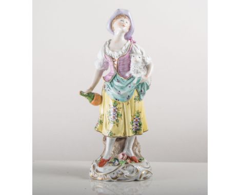 Pair of Sitzendorf porcelain figures, a lady with a wine bottle, man with a glass, painted in colours on gilt scroll bases, u