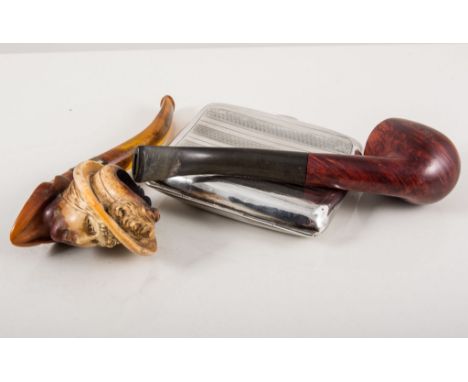Silver cigarette case, Birmingham 1921, engine turned, 8.5cms, a Meerchaum pipe, a brier wood pipe, clay pipes, etc.