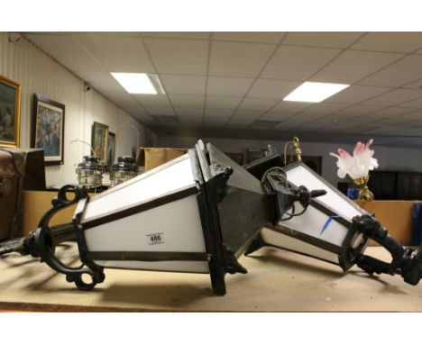 Pair of Iron Framed Street Lanterns each held on an Iron Wall Bracket with a Bird Design