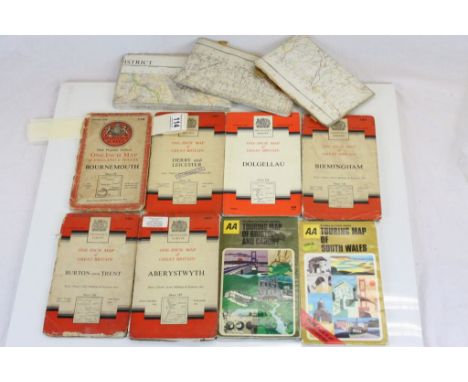 Six Folded Ordnance Survey Maps, Red New Poplar Edition One-Inch Map of England & Wales and Great Britain, plus Five other Fo