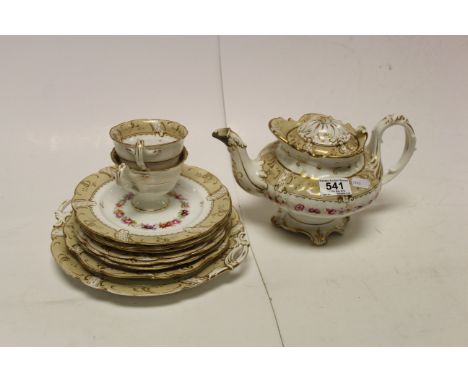 Victorian Tea Service decorated with Hand Painted Flowers on a Cream and White Ground with Gilt Highlights comprising Tea Pot