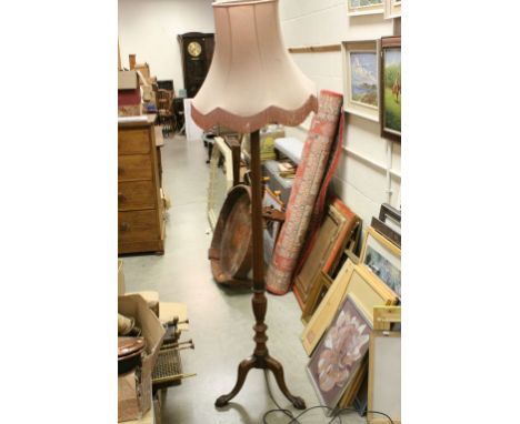 Mid 20th century Mahogany Standard Lamp with Shade with Corinthian Column Support raised on three legs with claw feet