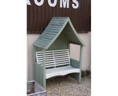 Green and White Painted Wooden Garden Arbour with Seat / Bench