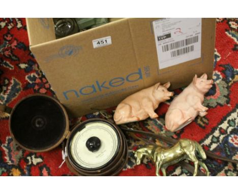 Mixed Lot of Collectables including Cased Surveying Aneroid Measure, Tie Press, Two Ceramic Pigs, Inkwells, etc
