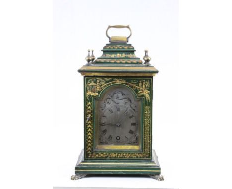 Key wind painted Wooden Mantle clock with glazed panels, the movement marked "Lenzkirch A.G.U"
