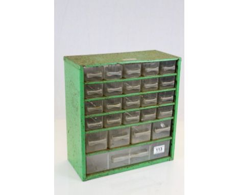 Vintage Industrial Green Metal Multi-Drawer Cabinet with Twenty Five Clear Drawers