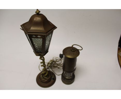 Brass Miner's Lamp together with a Brass Table Lamp in the form of a Street Light