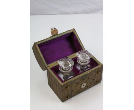 Victorian Leather Cased Two Glass Bottle Set with Mother of Pearl Inlay