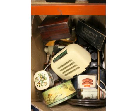 Box of Mixed Collectables including Radio, Boxed Bussey's Table Croquet Set, Victorian Sewing Box, Various Advertising Tins, 