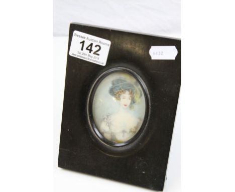 19th century oval portrait miniature on ivory depicting a woman in evening dress with hat in rectangular frame, dimensions of