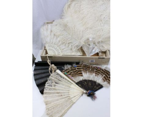 Box containing Five Fans including a Large Feather &amp; Mother of Pearl Fan, Feather &amp; Bone Fan, Ebony &amp; Lace Fan, B