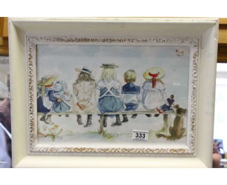 A framed glazed watercolour of Edwardian children seated on a bench with dog resting by the side.