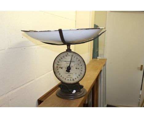 Pair of vintage Household Scales by Salter, with enamel dish, a Wool processes sample board and a boxed Glass tankard with Pe