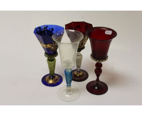 Four 19th Century Bohemian glass Goblets with a variety of styles and colour to include Enamel overlay