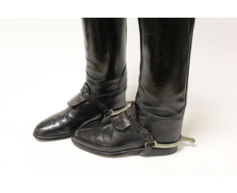 Pair of Vintage Black Leather Riding Boots with Wooden Three Section Trees marked L and R plus Pair of Spurs