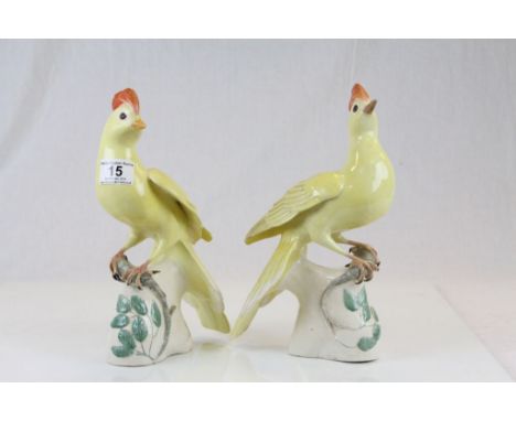 Pair of 19th Century hand painted ceramic models of Yellow birds, one marked G 19'76, the other G 17'76