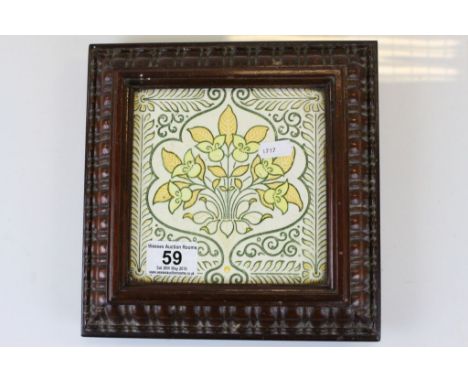 Vintage ceramic Wall tile with carved Wooden surround and Brass feet for use as a Teapot stand