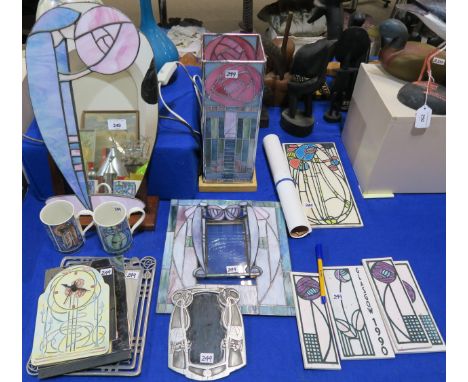 A collection of Charles Rennie and Margaret Mackintosh style leaded glass items including a lamp, mirror, frames, tiles etc C