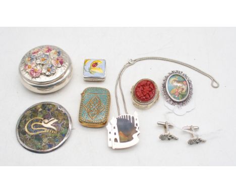 A collection of silver including a silver gilt champlevé enamel vesta, by David Andersen, decorated in shades of turquoise, a