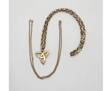 A 9ct gold Celtic knot pendant on a 9ct fancy chain, length 54cm, together with a 9ct belcher chain, length 58cm, weight toge