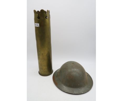 A large WW1 trench art artillery shell stick stand, engraved "Victory 1918", measuring approx. 47cm in height, together with 